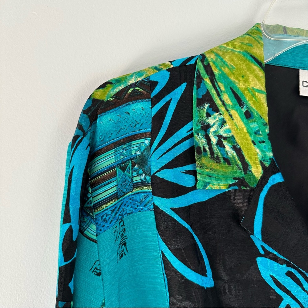 Chico's silk linen blend Asian inspired patchwork button down jacket blue green - Picture 3 of 6
